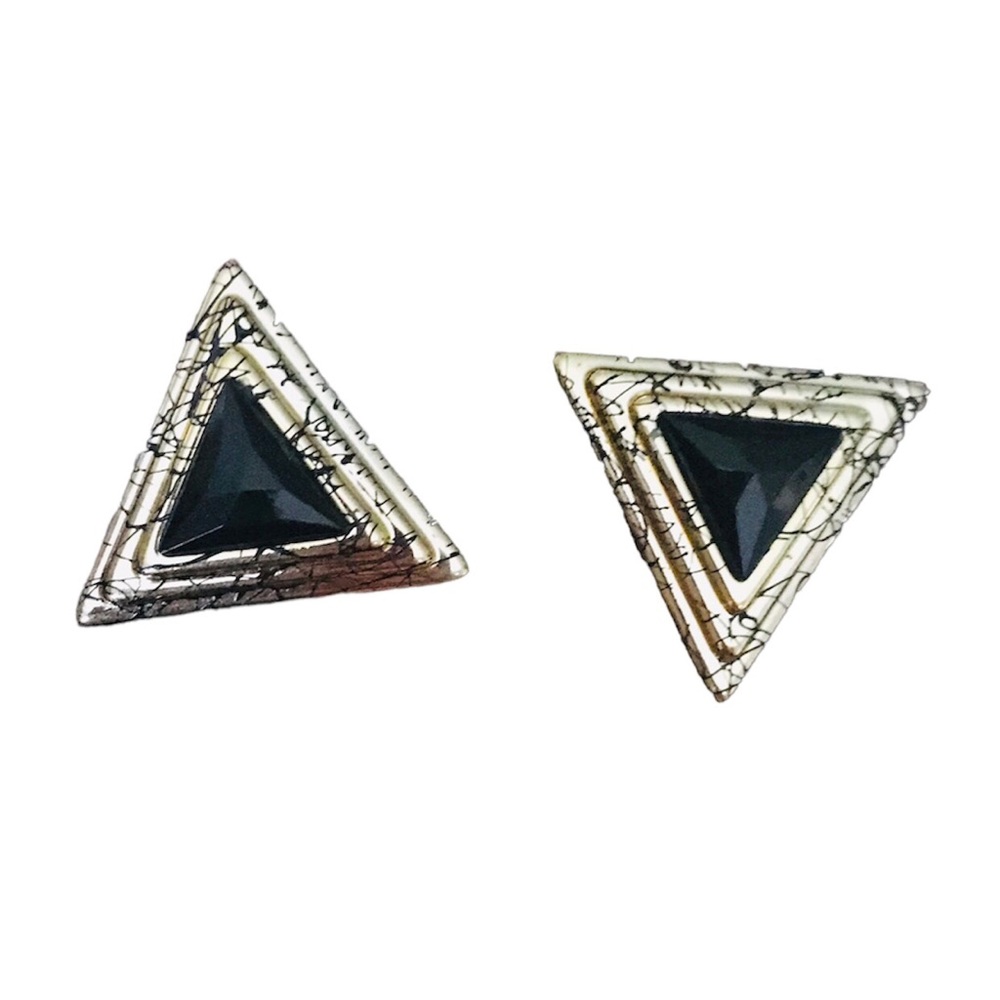 Vintage 80’s Gold Tone And Black Marbled Triangular Post 1.75 in Earrings